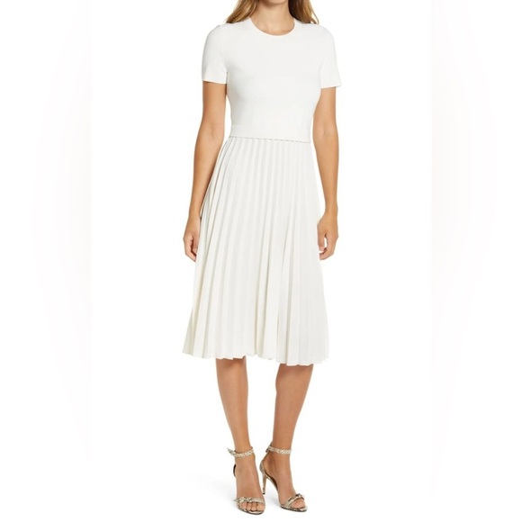 RACHEL PARCELL Ivory Cloud Pleated Crepe Skirt Mixed Media Knit Dress - Picture 1 of 10